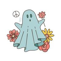 Retro 70s 60s Hippie Groovy Halloween Ghost in bedsheet holding flowers isolated on white. Flower power peace sign spook print for T-shirt design or card. Linear boho hand drawn vector illustration.