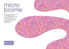 Microbiome website landing page template, advertising or presentation. Abstract shapes with microbiota pattern. Vector flat hand drawn background with bacteria.