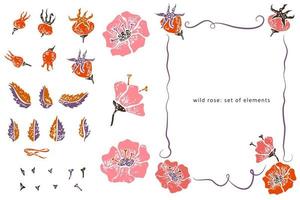 Wild rose elements and border in lino cut style vector