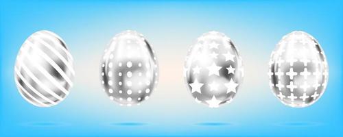 Four silver eggs on the sky blue background. Isolated objects for Easter. Cross, dots, stripes and stars