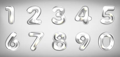 símbolos numéricos brillantes metálicos plateados, dígitos aislados vector