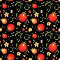 Red Currant floral pattern in Khokhloma style vector