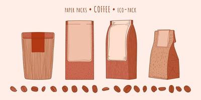 paquetes de papel y granos de café vector