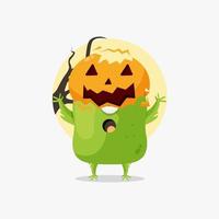 lindo monstruo verde con ilustración de máscara de halloween de calabaza vector