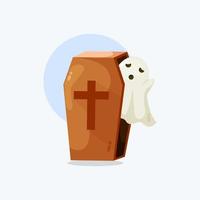 Cute halloween ghost with coffin cartoon illustration vector