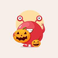 lindo monstruo rojo con ilustración de calabaza de halloween vector