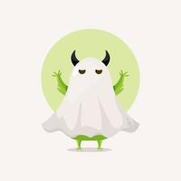 Cute green monster in halloween ghost costume cartoon illustration vector