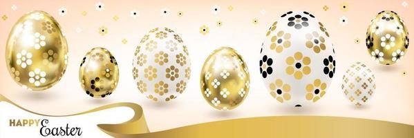 Easter banner with golden eggs and silk ribbon vector