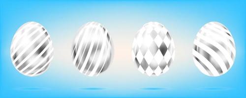 Four silver eggs on the sky blue background. Isolated objects for Easter. Stripes and diamonds ornate vector