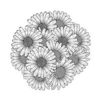 página de coloreado de dibujo de flor de margarita con diseño de arte de garabato en gráfico vectorial de arte lineal detallado vector