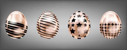 Four glance metallic eggs in pink color with black star, cross and stripes. Isolated objects for Easter vector