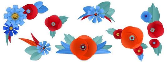 Cut paper poppy and cornflower in vignettes vector