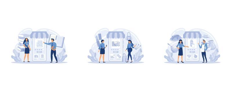 E-commerce, customer on the sale. App on mobile phone. Book, beauty and food store, set flat vector modern illustration