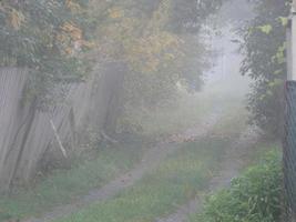 Autumn morning mist in the village photo