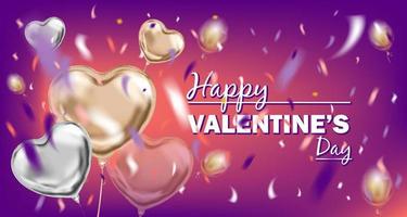 feliz día de san valentín imagen violeta con ramo de globos de aluminio vector