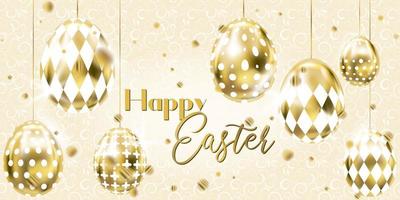 Happy Easter banner with golden eggs vector