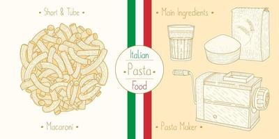 cocinar comida italiana pasta en forma de codo también conocida como macarrones, ingredientes y equipo vector
