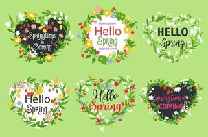 Vector spring greeting icons of heart flowers