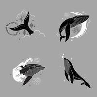 tatuaje minimalista ballena conjunto de pegatinas en blanco y negro vector
