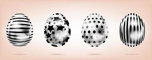 Four silver eggs on the pink background. Isolated objects for Easter. Star, dots and stripes ornate vector