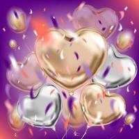 imagen violeta con el ramo de globos en forma de corazón de lámina metálica vector