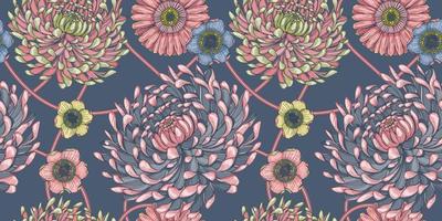 Floral seamless pattern with chrysanthemums and magnolia vector