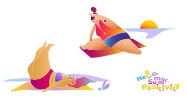 Two body positive girls doing yoga on the beach vector