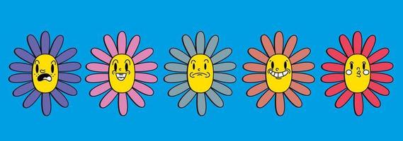 Retro chamomile stickers set with 30s cartoon and comics characters faces. vector