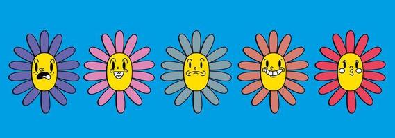 Retro chamomile stickers set with 30s cartoon and comics characters faces. vector