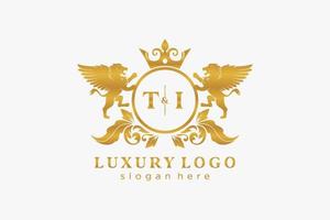 Initial TI Letter Lion Royal Luxury Logo template in vector art for Restaurant, Royalty, Boutique, Cafe, Hotel, Heraldic, Jewelry, Fashion and other vector illustration.