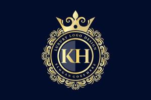 KH Initial Letter Gold calligraphic feminine floral hand drawn heraldic monogram antique vintage style luxury logo design Premium Vector