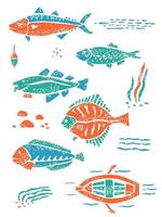 Set of fishes in naive lino style vector