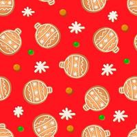 Seamless pattern with ginger cookies on a red background. Gingerbread snowflake, New Year's ball vector