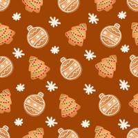 Seamless pattern with ginger cookies on a brown background. Gingerbread , Christmas tree,Christmas ball vector