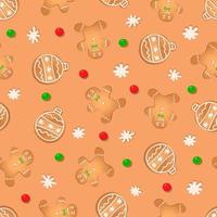 Seamless pattern with ginger cookies on a brown background. Gingerbread man, New Year's ball, snowflake vector