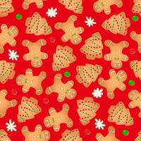 patrón impecable con galletas de jengibre sobre un fondo rojo. hombre de pan de jengibre, árbol de navidad, copo de nieve vector