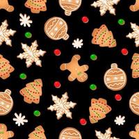 patrón impecable con galletas de jengibre en un fondo negro. hombre de pan de jengibre, copo de nieve, árbol de navidad, bola de navidad vector