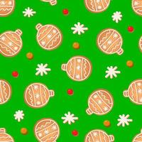 Seamless pattern with ginger cookies on a green background. Gingerbread snowflake, New Year's ball vector