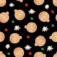 Seamless pattern with ginger cookies on a black background. Gingerbread snowflake, New Year's ball vector