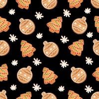 patrón impecable con galletas de jengibre en un fondo negro. pan de jengibre, árbol de navidad, bola de navidad vector