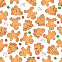 Seamless pattern with ginger cookies on a white background. Gingerbread man, Christmas tree, snowflake vector