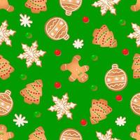 patrón impecable con galletas de jengibre sobre un fondo verde. hombre de pan de jengibre, copo de nieve, árbol de navidad, bola de navidad vector