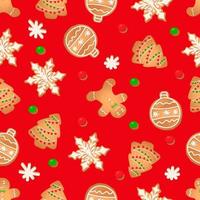 patrón impecable con galletas de jengibre sobre un fondo rojo. hombre de pan de jengibre, copo de nieve, árbol de navidad, bola de navidad vector