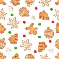 Seamless pattern with ginger cookies on a white background. Gingerbread man, snowflake, Christmas tree,Christmas ball vector