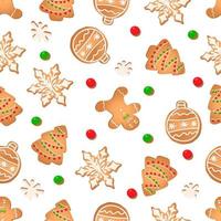 Seamless pattern with ginger cookies on a white background. Gingerbread man, snowflake, Christmas tree,Christmas ball vector