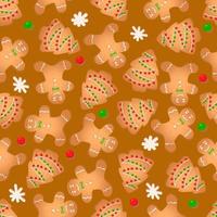 Seamless pattern with ginger cookies on a brown background. Gingerbread man, Christmas tree, snowflake vector