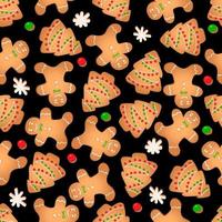 patrón impecable con galletas de jengibre en un fondo negro. hombre de pan de jengibre, árbol de navidad, copo de nieve vector