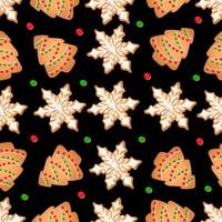 Seamless pattern with ginger cookies on a black background. Gingerbread tree, snowflake vector