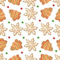 Seamless pattern with ginger cookies on a white background. Gingerbread tree, snowflake vector