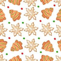 Seamless pattern with ginger cookies on a white background. Gingerbread tree, snowflake vector